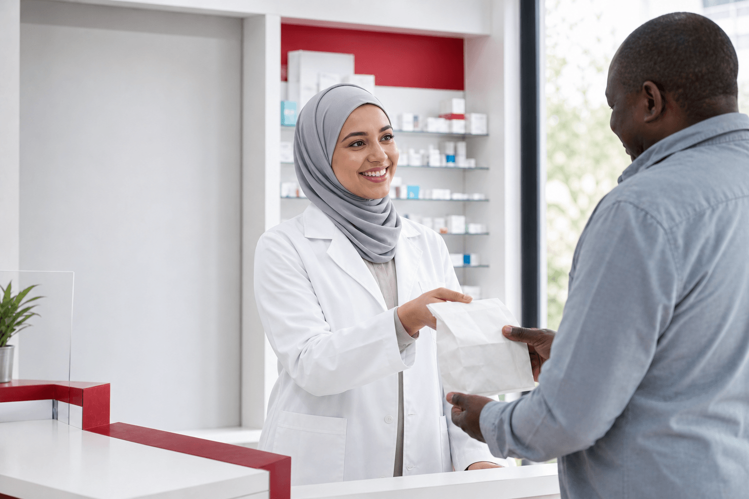 Illustrative Muslim pharmacist handing a prepared prescription to a customer at a pharmacy counter