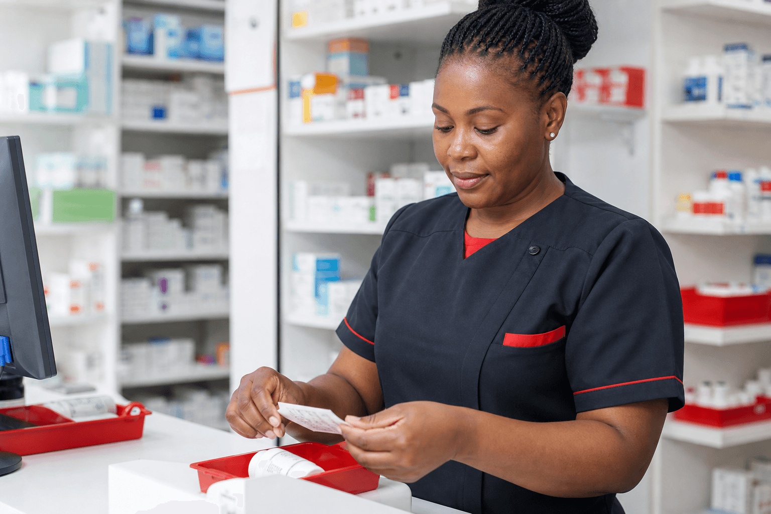 Illustrative pharmacist preparing a prescription at a dispensing counter
