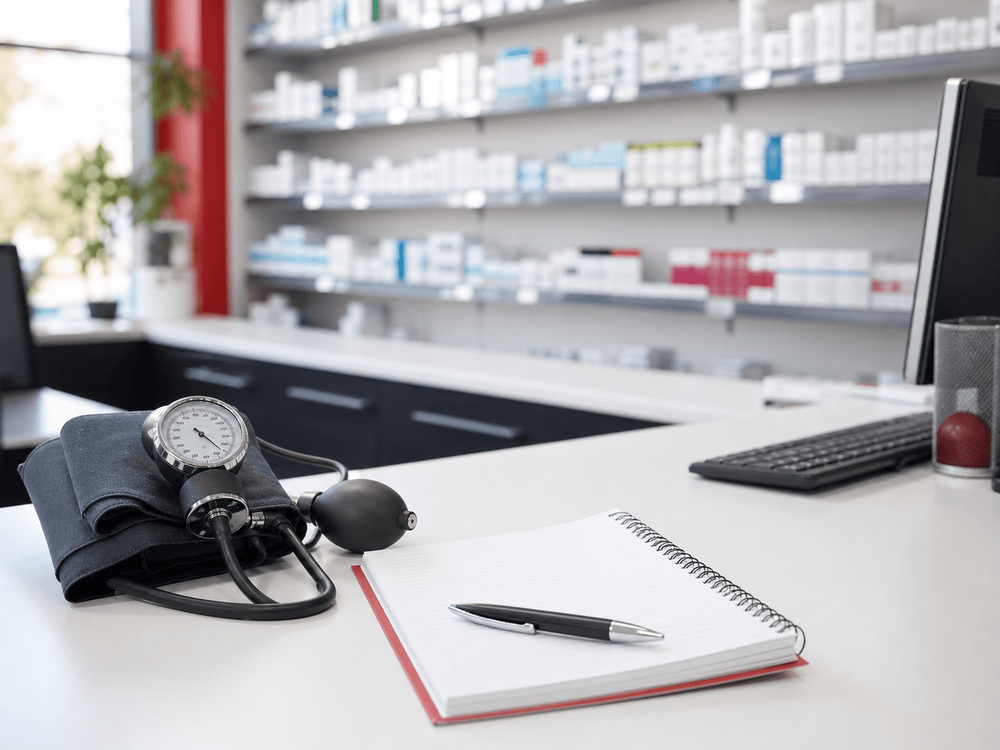 Illustrative blood pressure equipment at a pharmacy consultation counter