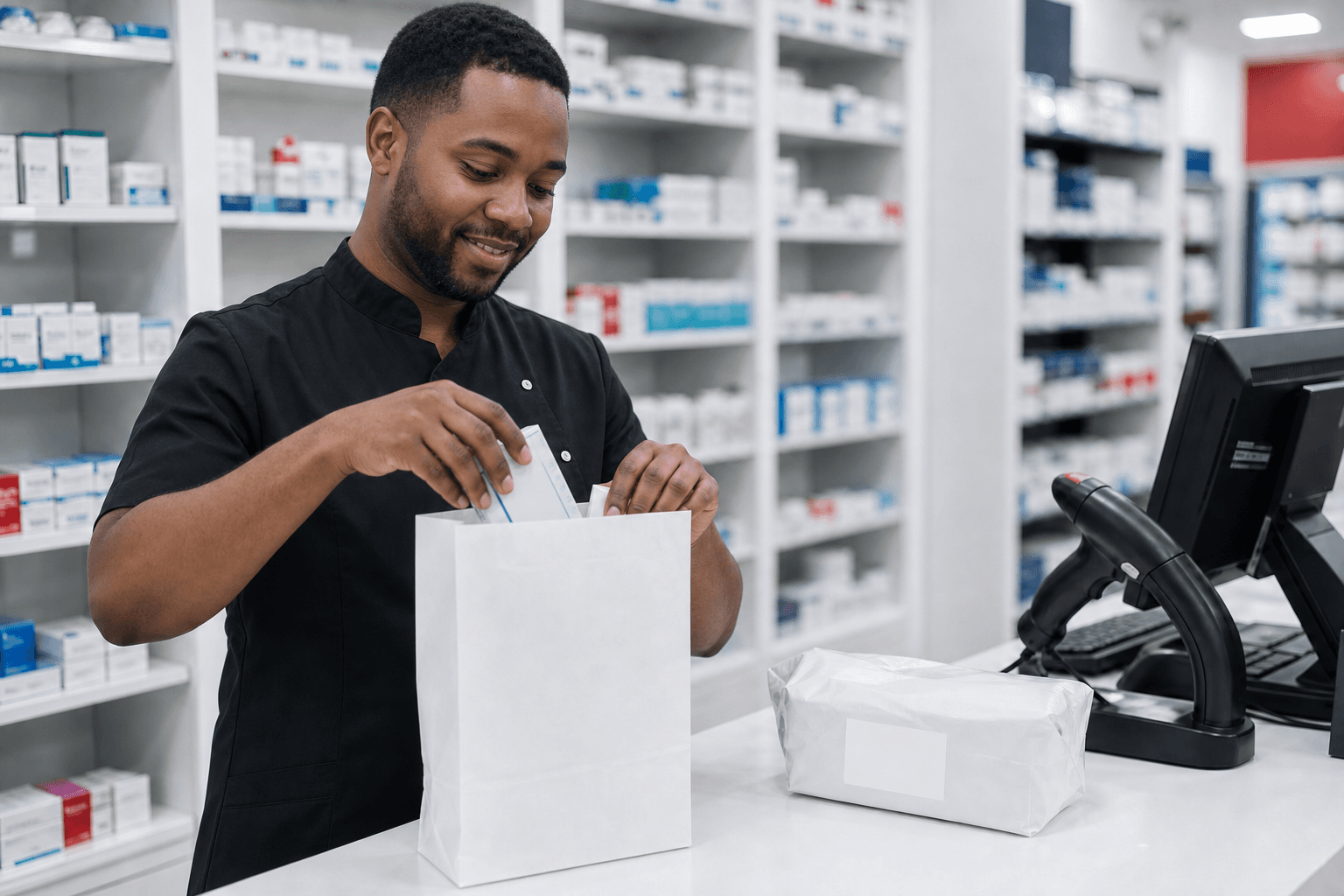 Illustrative male pharmacy team member packing a delivery order
