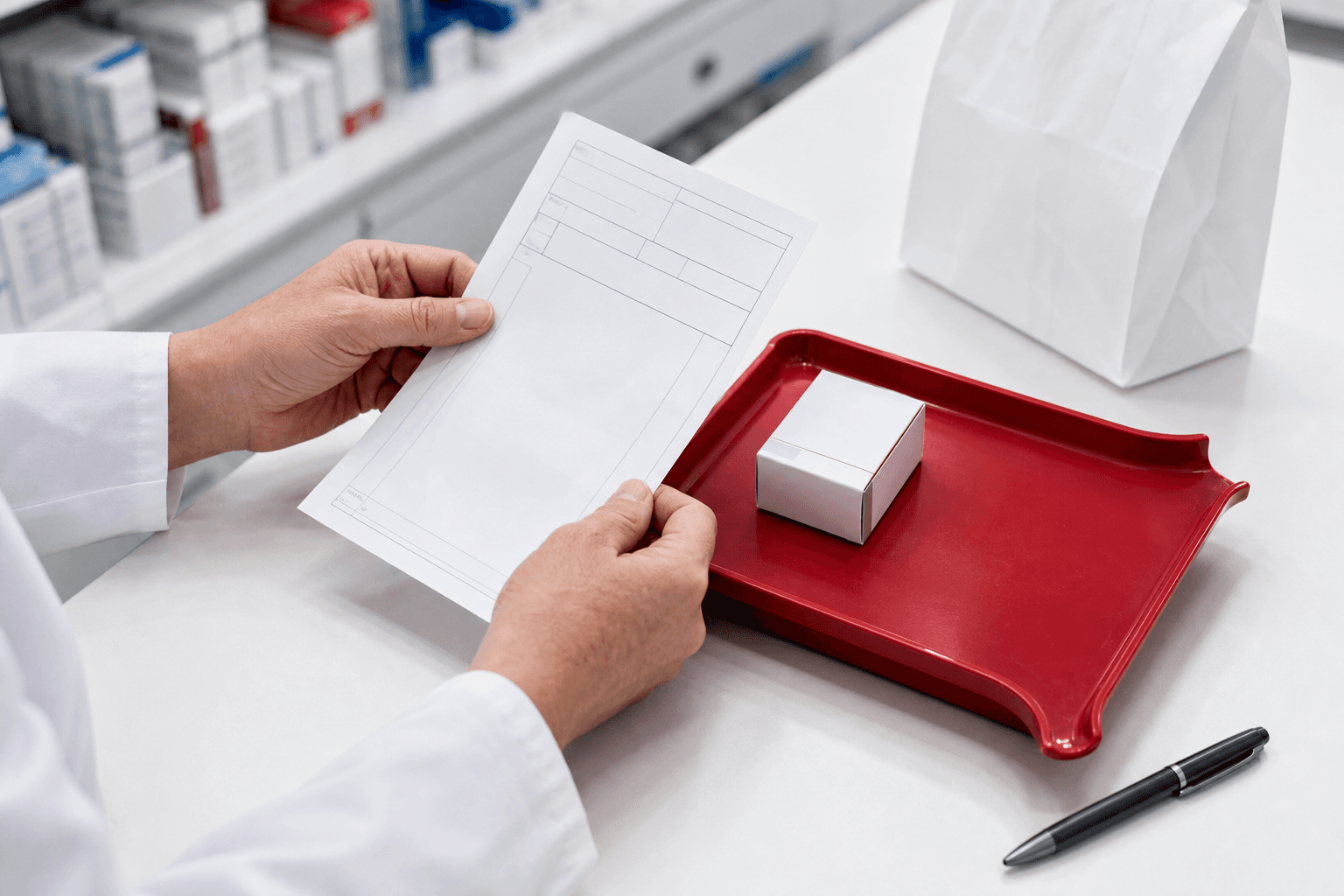 Illustrative prescription being checked beside a dispensing tray